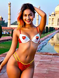 A 23 year old woman in silk lingerie poses amidst the grandeur of the Taj Mahal