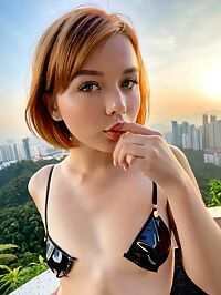 Charlotte stands topless in Kuala Lumpur's sunrise with a happy expression